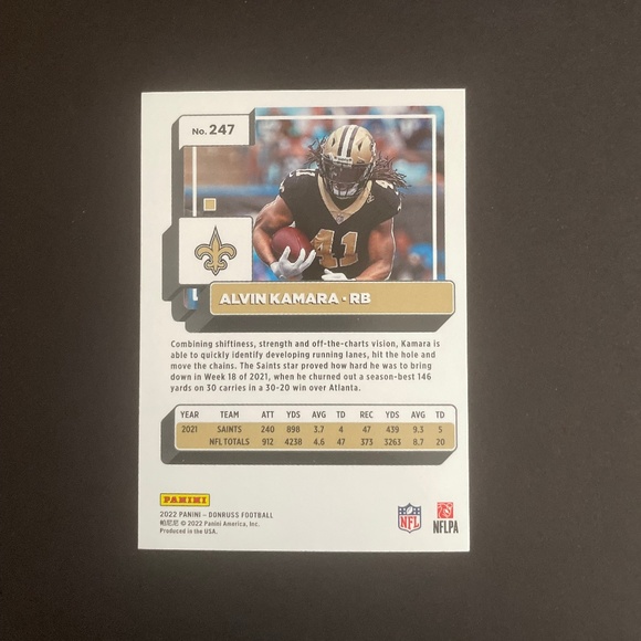 Alvin Kamara: New Orleans Saints, Running Back 2022 Panini Donruss Football #247 - Picture 2 of 2